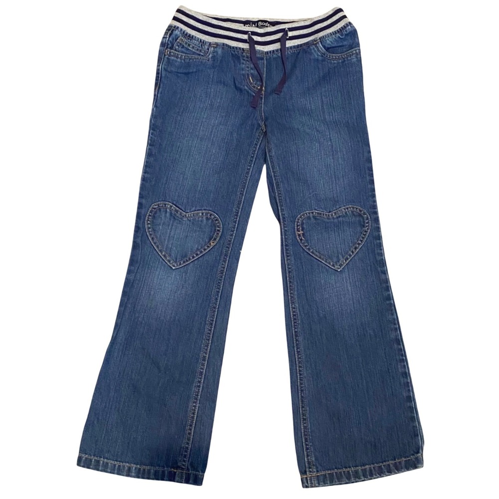 MINI BODEN Heart Patch Denim Jeans Size 9 Dark Wash Stripe Elastic Waist Pull On